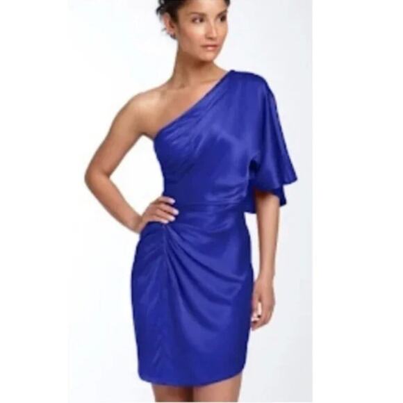 Aidan Mattox Blue Silk Satin Draped One Shoulder Dress - Picture 1 of 6